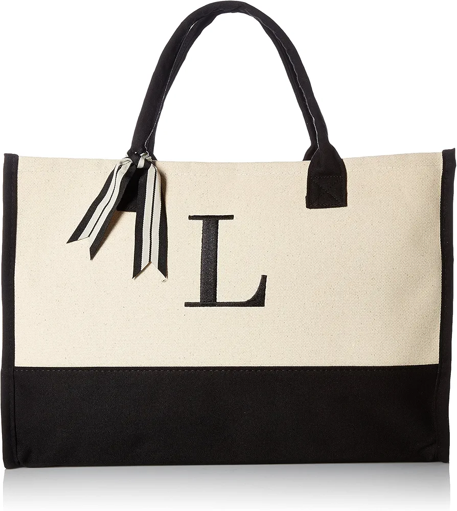 Mud Pie Classic Black and White Initial Canvas Tote Bags (L), 100% Cotton, 17" x 19" x 2"