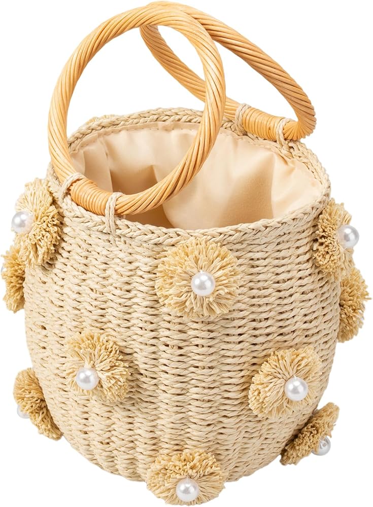 Straw Beach Bag for Women, Summer Straw Tote Bag Large Straw Shoulder Bag with Drawstring Ladies Woven Rattan Basket Bags Holiday Handbags Purse for Vacation Travel Daily Use
