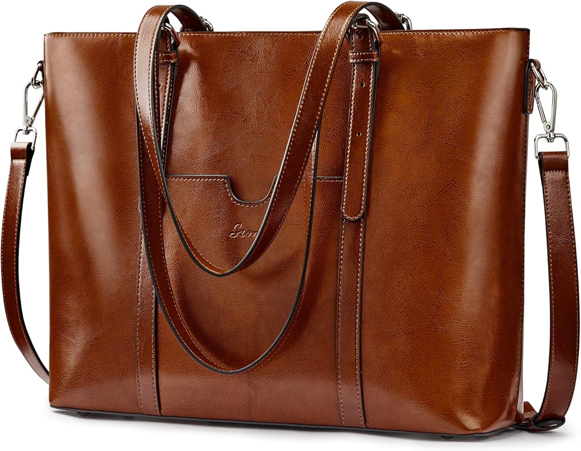 S-ZONE Women Genuine Leather Laptop Tote Bag Shoulder Handbags 15.6 Inch Purse