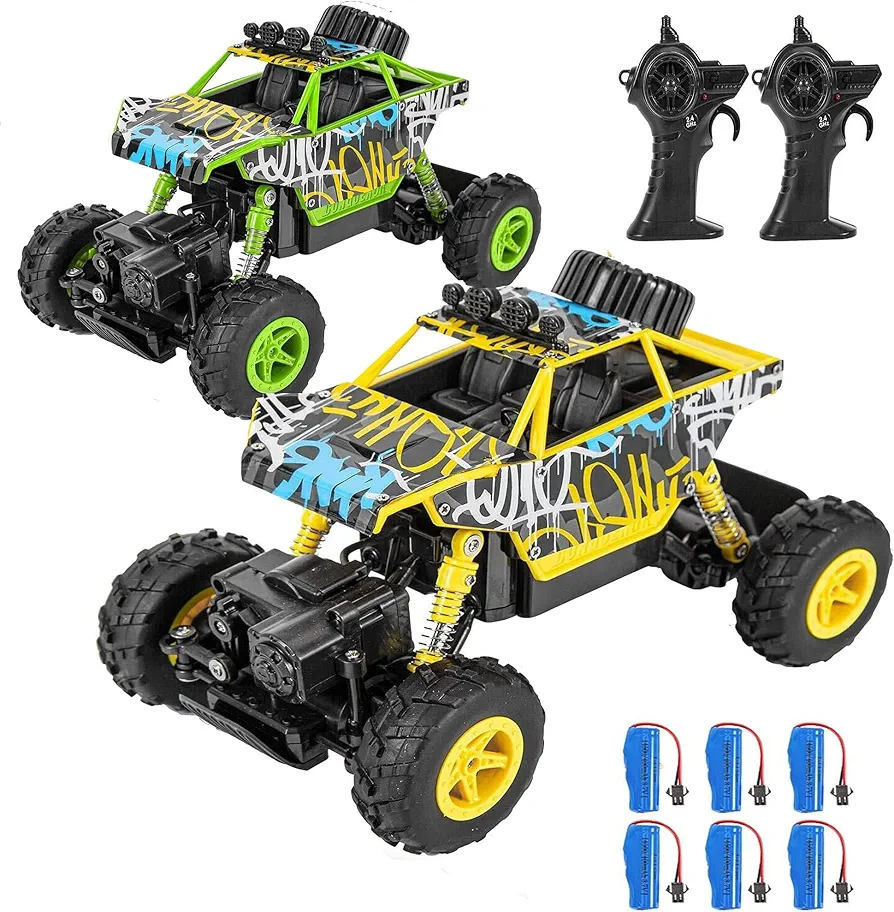 2-Pack Remote Control Car - RC Stunt Car for Boys and Girls - 4WD Monster Truck - 2.4GHz - 6 Rechargeable Batteries - Dual Motors - Unique Graffiti Off Road Toy Cars