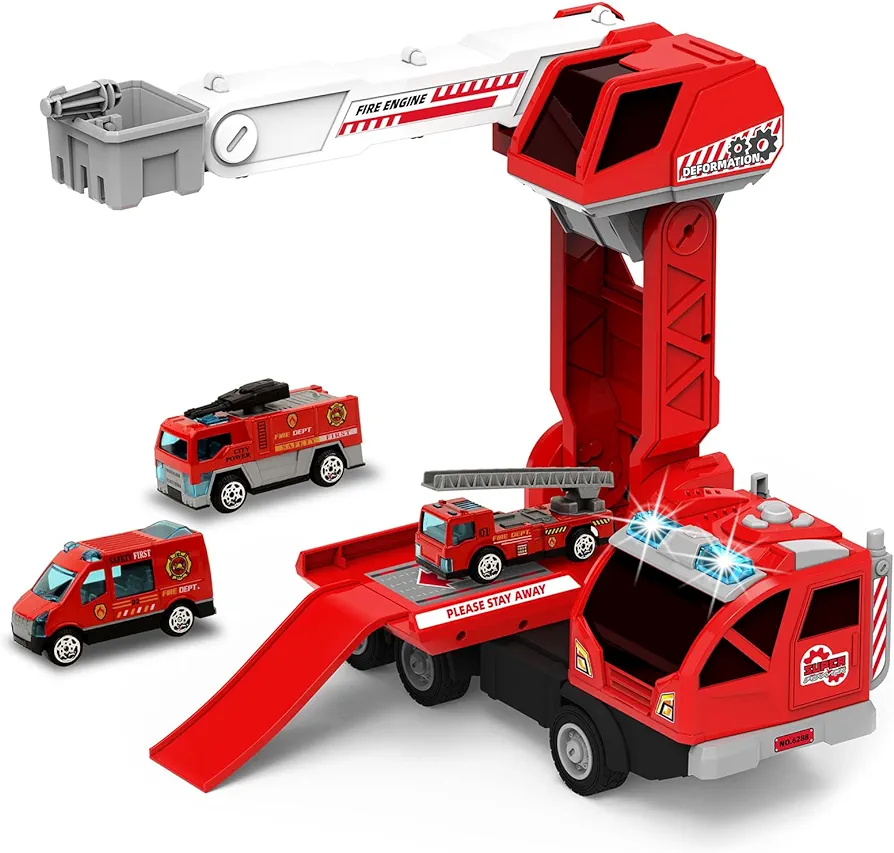 Fire Truck Toys, Kids Fire Engine Car Emergency Vehicle with Sound, Kids Firetruck Toys Rotatable Body with 3 Small Alloy Fire Trucks Gifts for Boys Girls 3 4 5 6 7 Year Old
