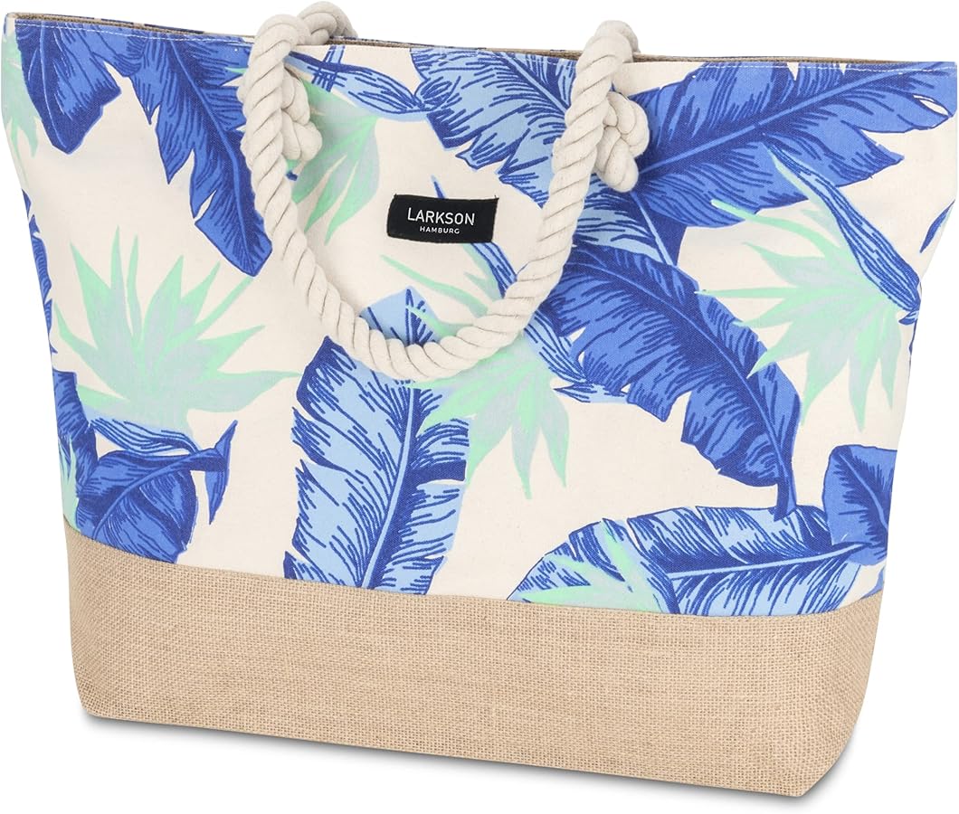LARK STREET Beach Bag Swim Tote Women & Men Cotton Canvas & Jute with Zipper