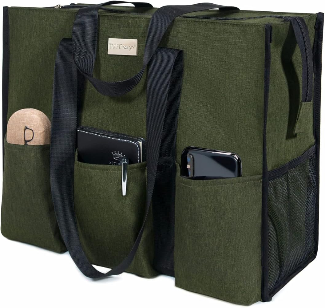 TOPDesign Utility Water Resistant Tote Bag with 13 Exterior & Interior Pockets, Top Zipper Closure & Thick Bottom Support