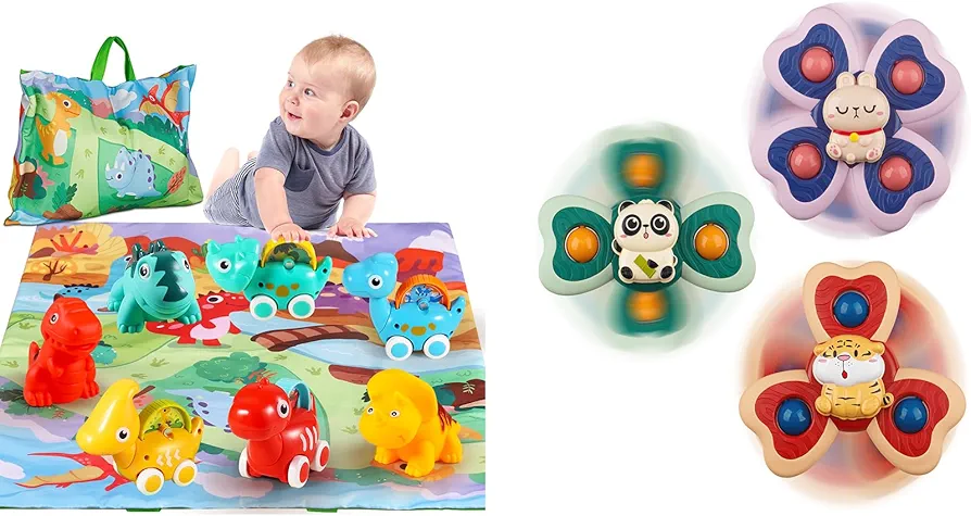 ALASOU 7 PCS Dinosaur Car Toys with Playmat and 3 PCS Suction Cup Spinner Toys for Infant and Toddlers
