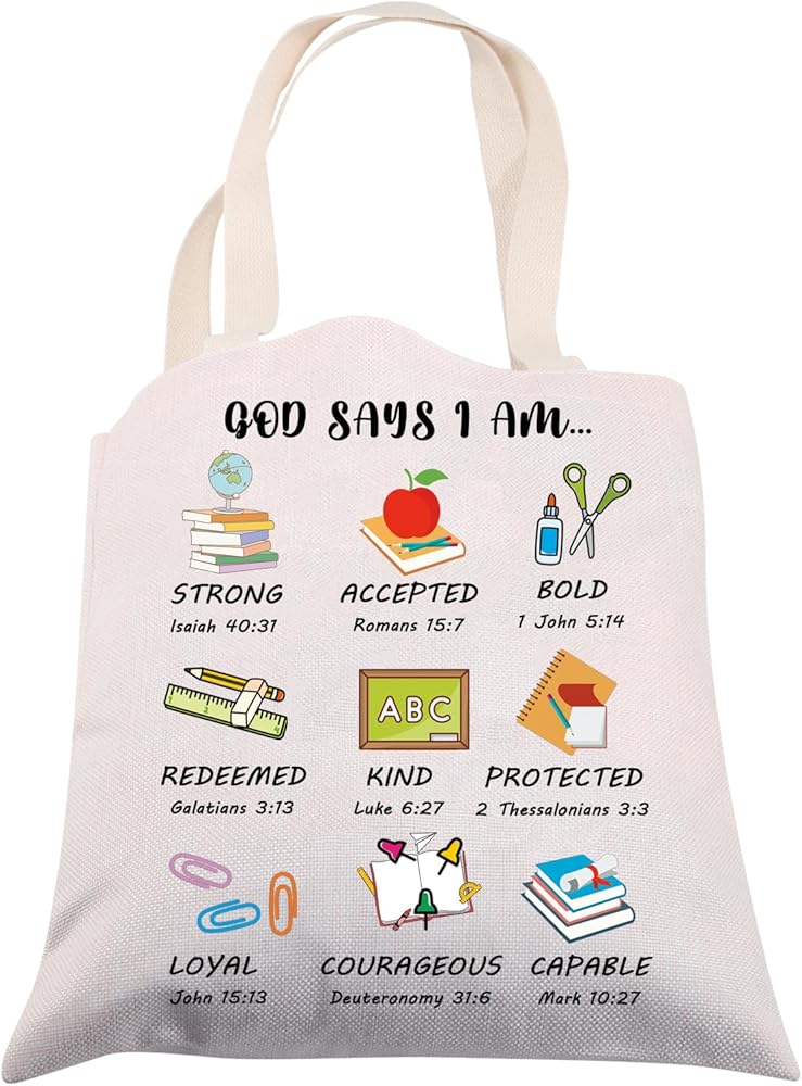ENSIANTH God Says I Am Teacher Gifts Tote Bag Inspirational Teacher Christian Gift Appreciation Gift for Teacher Canvas Tote Bag
