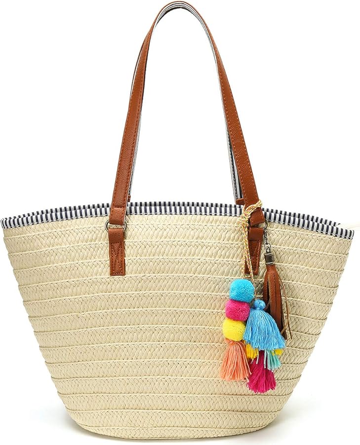 Straw Beach Bags Tote Tassels Bag Hobo Summer Handwoven Shoulder Bags Purse With Pom Poms