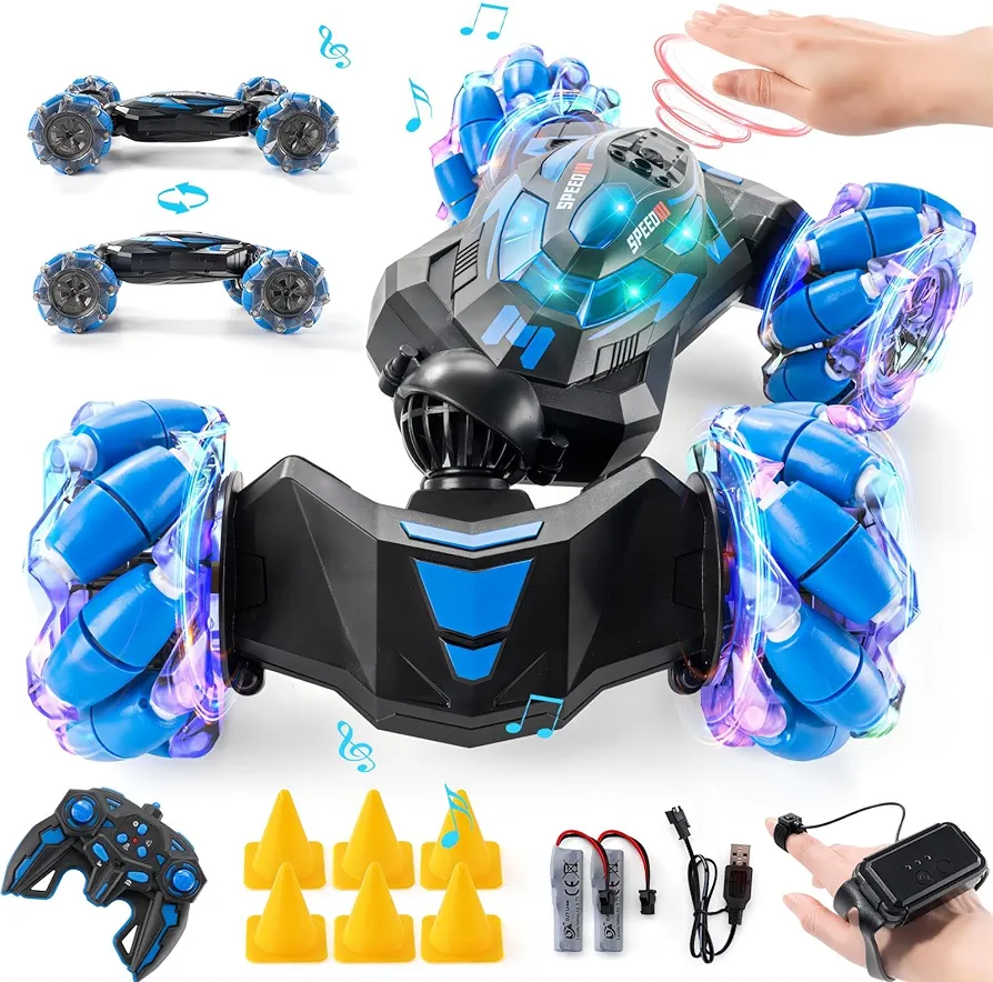 1:10 Gesture Sensing RC Stunt Car 360° Rotating Double Sided Hand Control RC Car 4WD 2.4Ghz Remote Control Car with Lights Music Spray, Toy RC Cars for 6-12 Boys Birthday Gifts（Blue）