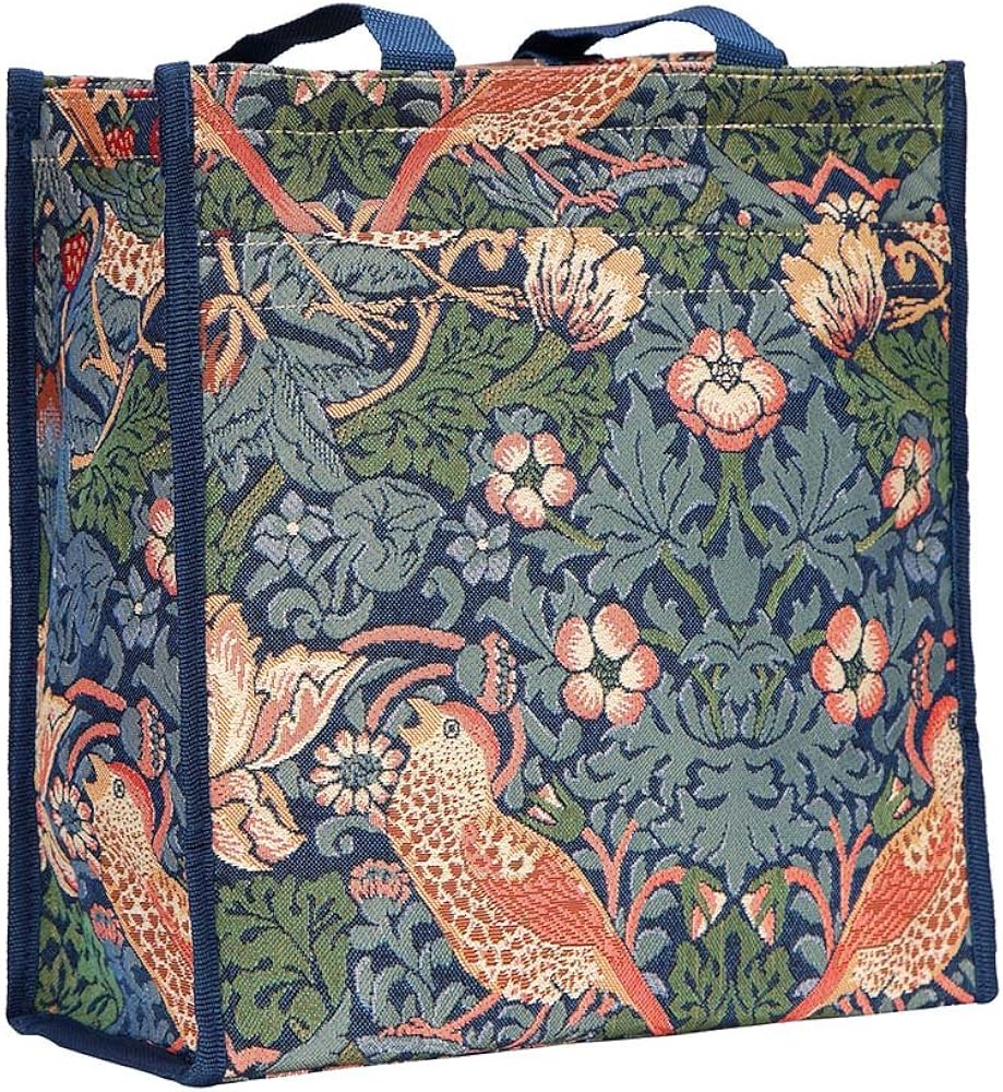 Signare Fashion Canvas/Tapestry Shopping Bag/Tote Bag/ Shoulder Bag/ Box bag/ Carry All Bag in Strawberry Thief Design (Blue)