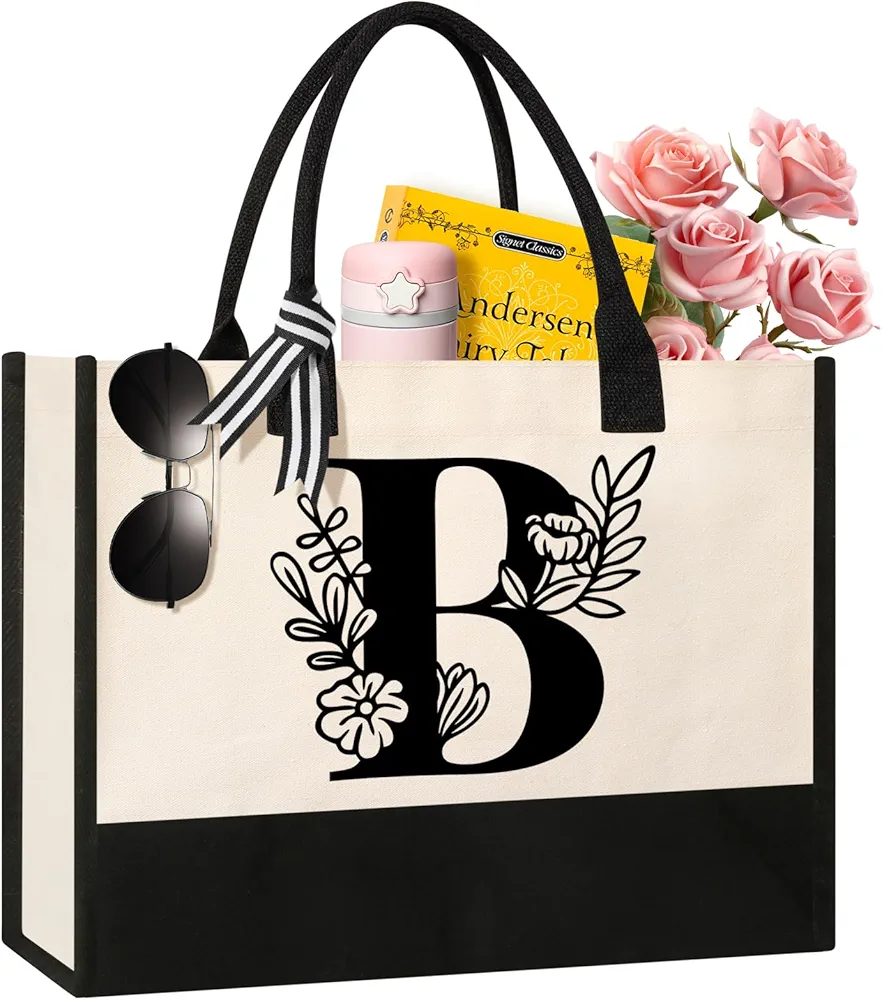 Personalized Initial Canvas Tote Bag, Suitable for Birthday, Wedding, Beach, Holiday, Gifts for Women, Mom, Teachers, Nurses, Best Friends, Bridesmaids (B)