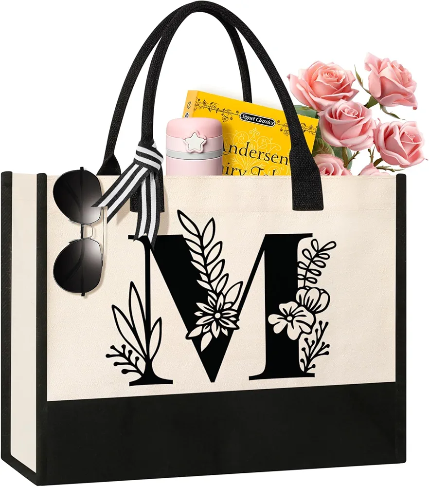 Personalized Initial Canvas Tote Bag, Suitable for Birthday, Wedding, Beach, Holiday, Gifts for Women, Mom, Teachers, Nurses, Best Friends, Bridesmaids (M)