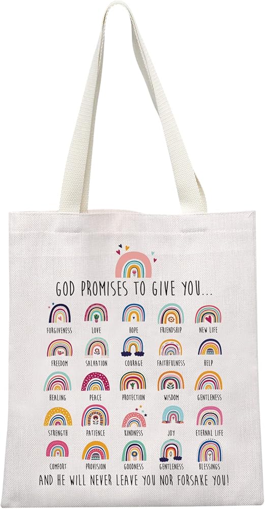 MYOSPARK Christian Gifts God's Promises Canvas Tote Bag Boho Rainbow Bible Verse Gift Baptism Shoulder Bag Promise Keeper Gift