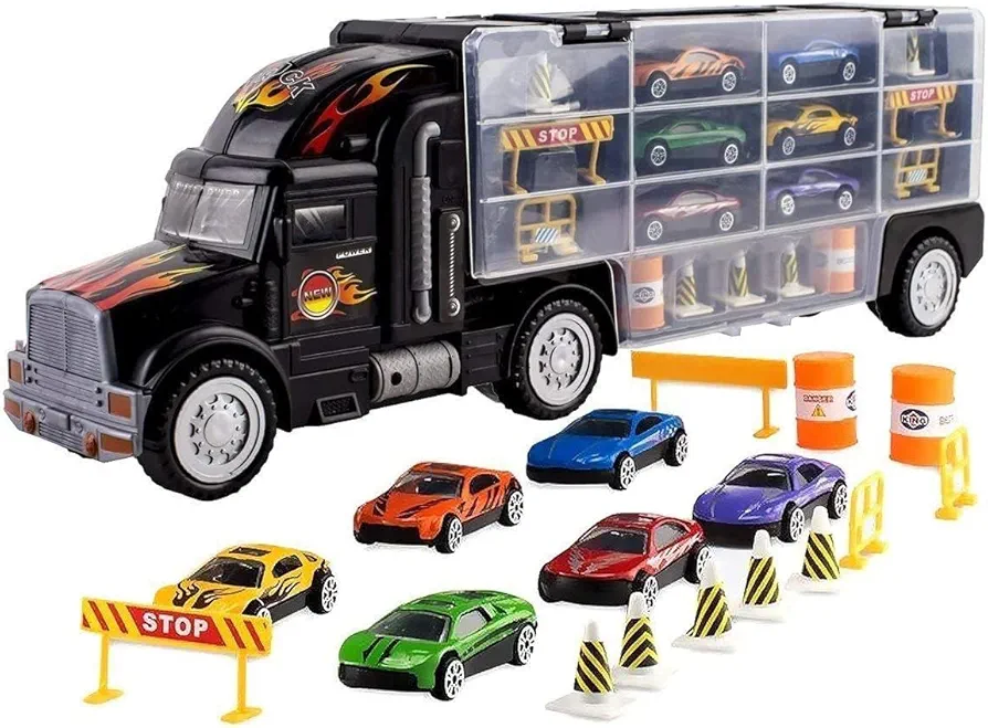 Toy Truck Transport Car Carrier Toy for Boys and Girls Age 3-10 yrs Old - Hauler Truck includes 6 Cars and Accessories - Fits 28 Car Slots - Ideal Gift for Kids