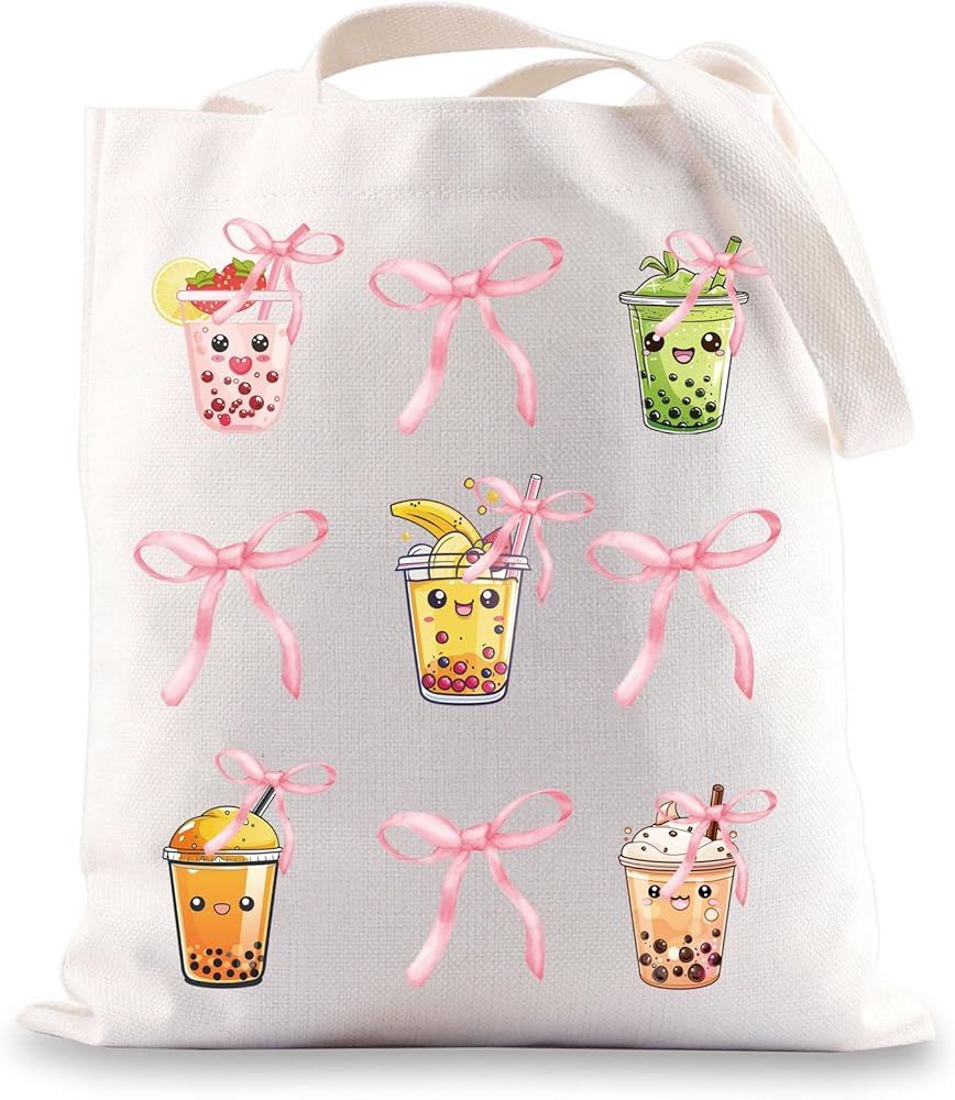 Kawaii Bubble Tea Tote Bag Bubble Tea Lover Gifts Coquette Pink Bows Gifts Bubble Milk Tea Drinks Shoulder Bag