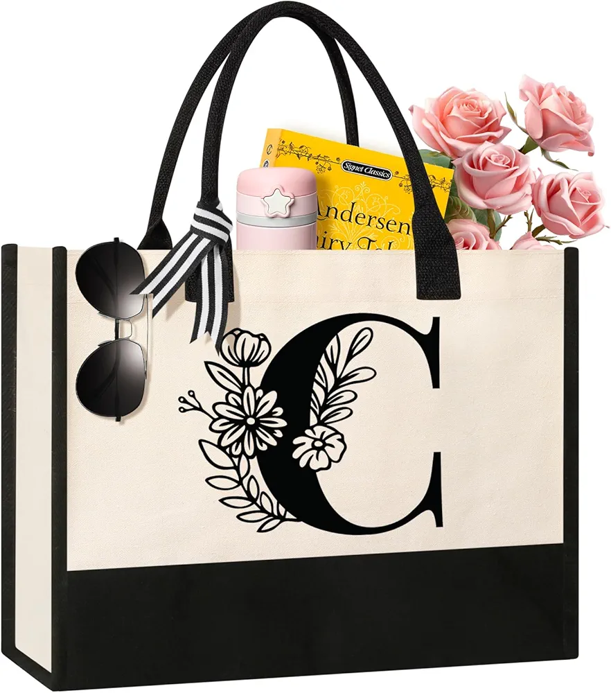Personalized Initial Canvas Tote Bag, Suitable for Birthday, Wedding, Beach, Holiday, Gifts for Women, Mom, Teachers, Nurses, Best Friends, Bridesmaids (C)