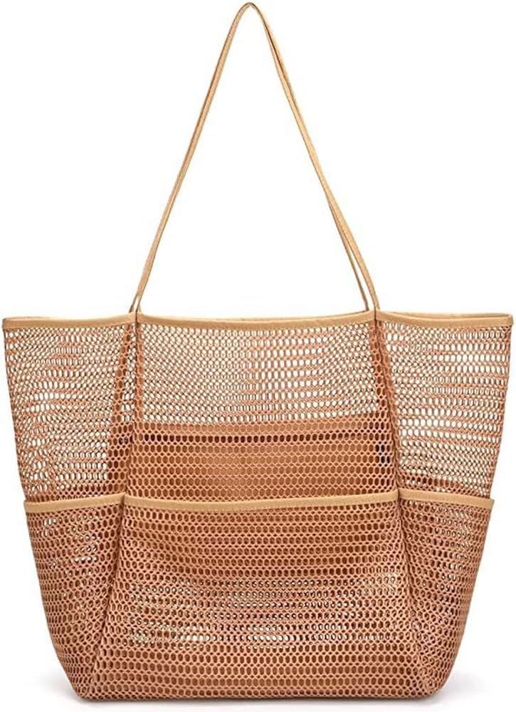 Mesh Tote Bag Beach Tote 4-Pocket Dual Mesh Beach Bag for Beach and Pool, Green, 15 inches