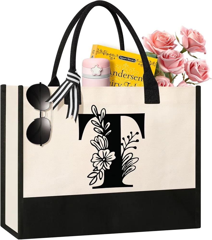 Personalized Initial Canvas Tote Bag, Suitable for Birthday, Wedding, Beach, Holiday, Gifts for Women, Mom, Teachers, Nurses, Best Friends, Bridesmaids (T)
