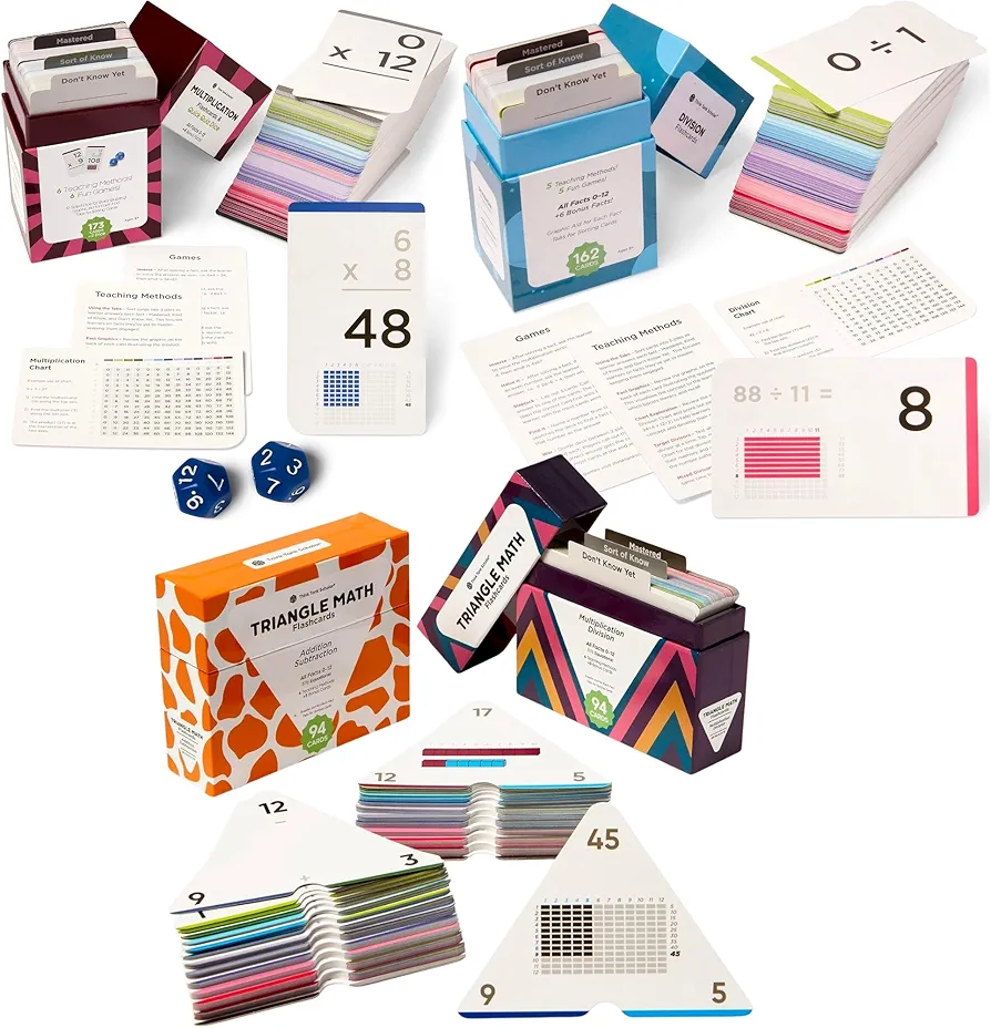 Think Tank Scholar 173 Multiplication + 162 Division + Triangle Math 752 Equations + 2 Math Dice (Award Winning) All Facts 0-12 Answer on Back, for Kids in 2ND, 3RD, 4TH, 5TH, 6TH Grade Class or Home