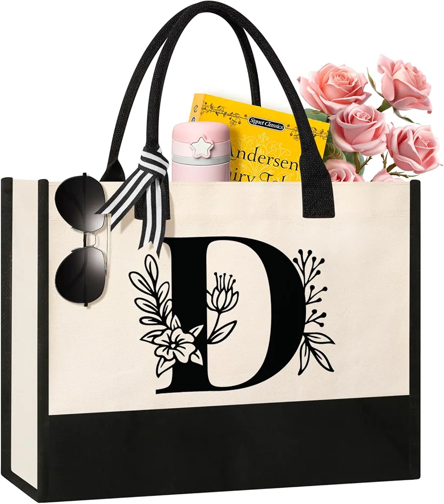 Personalized Initial Canvas Tote Bag, Suitable for Birthday, Wedding, Beach, Holiday, Gifts for Women, Mom, Teachers, Nurses, Best Friends, Bridesmaids (D)