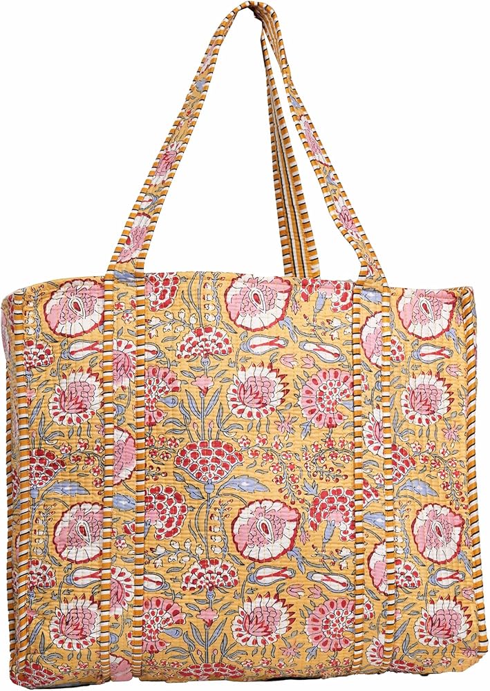 INDACORIFY Handmade Quilted Shopping Tote Bag Floral Print Cotton Market Hippie Market Carry Bag Beach Baho Hippie Shoulder Bag Gifts For Her