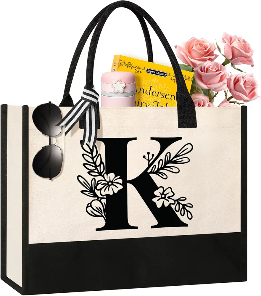 Personalized Initial Canvas Tote Bag, Suitable for Birthday, Wedding, Beach, Holiday, Gifts for Women, Mom, Teachers, Nurses, Best Friends, Bridesmaids (K)