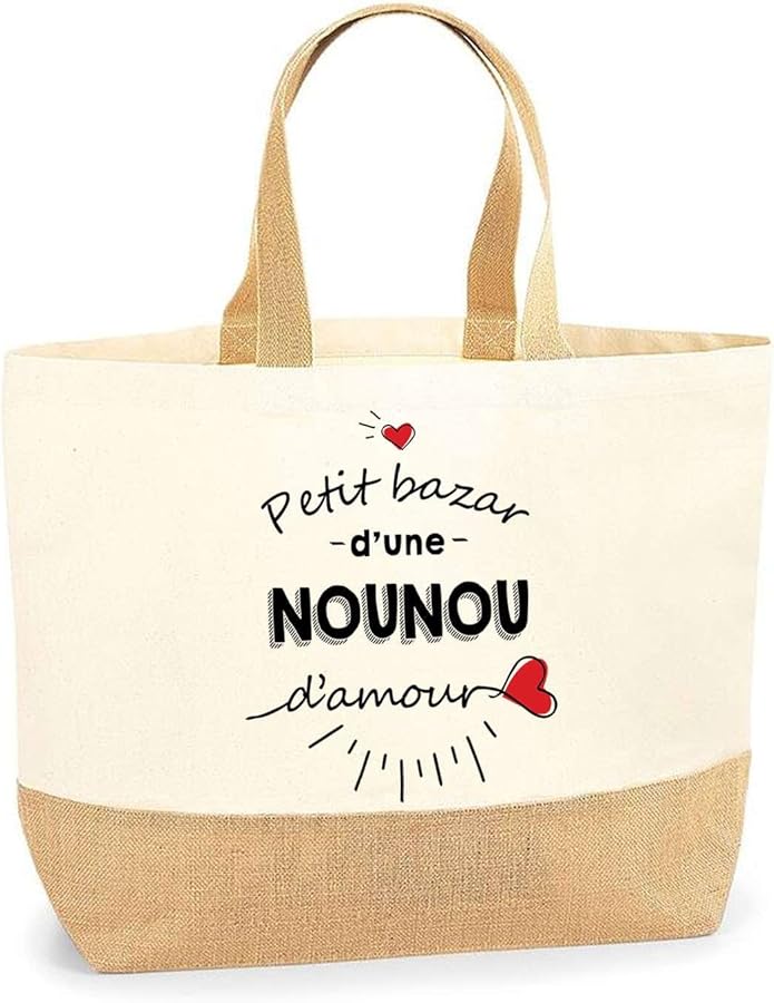Love Nanny Bag | Shopping Beach Tote Cotton and Jute Canvas Gift Idea for Women, beige