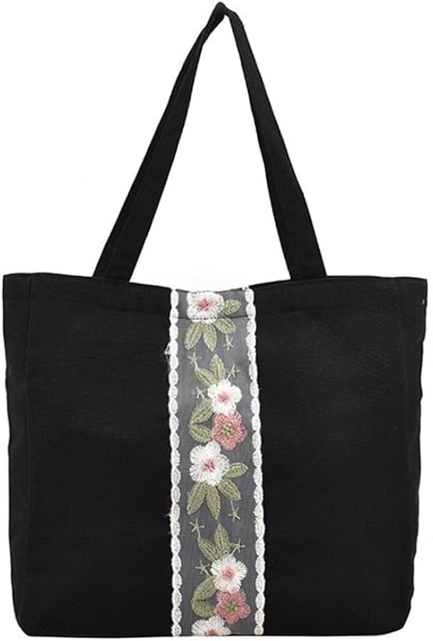 Embroidered Flower Canvas Bag Underarm Shoulder Bag for Women Large Capacity Handbag Purse for Travel Casual Shopping