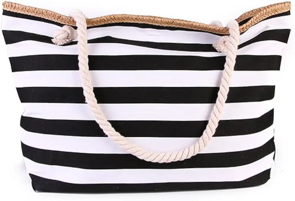 Large Beach Tote Bag for Women Waterproof Travel Shoulder Bag with Zipper Sandproof Pool Bag Daily Tote for Gym Sports Vacation Weekend Shopping (Black White Stripe)