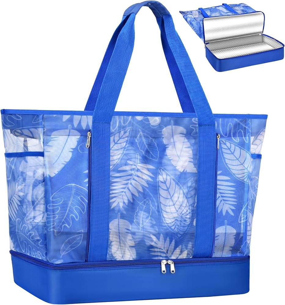 Large Beach Bag For Women Mesh Beach Bag With Zip Family Beach Bag With Cooler And Multi-Pocket Quick-Drying Summer Tote Bag Utility & Lightweight Beach Bags For Picnic Holiday Shopping,