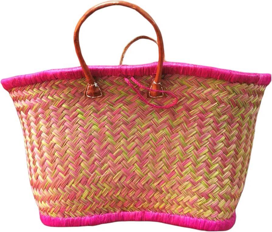 Beach Bag, Holiday Shopping Bag for Women, Summer Bag Natural Fiber, Chic Bohemian Bag for Women Summer Beach Handbags with Leather Handles (Pink)