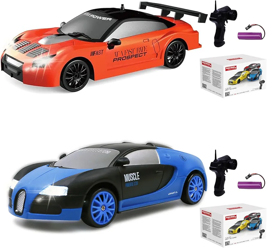 2PCS RC Drift Car 2.4GHz 1:24 Scale 4WD High Speed Remote Control Cars Vehicle with LED Lights Batteries and Drifting Tires Racing Sport Toy Cars for Adults Boys Girls Kids Gift