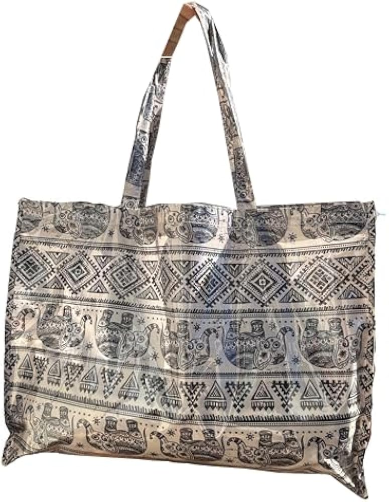 Women's Large Beach Pool Travel XL Bag Giant Summer Shoulder Bag Vintage Design Waterproof Elephants, white
