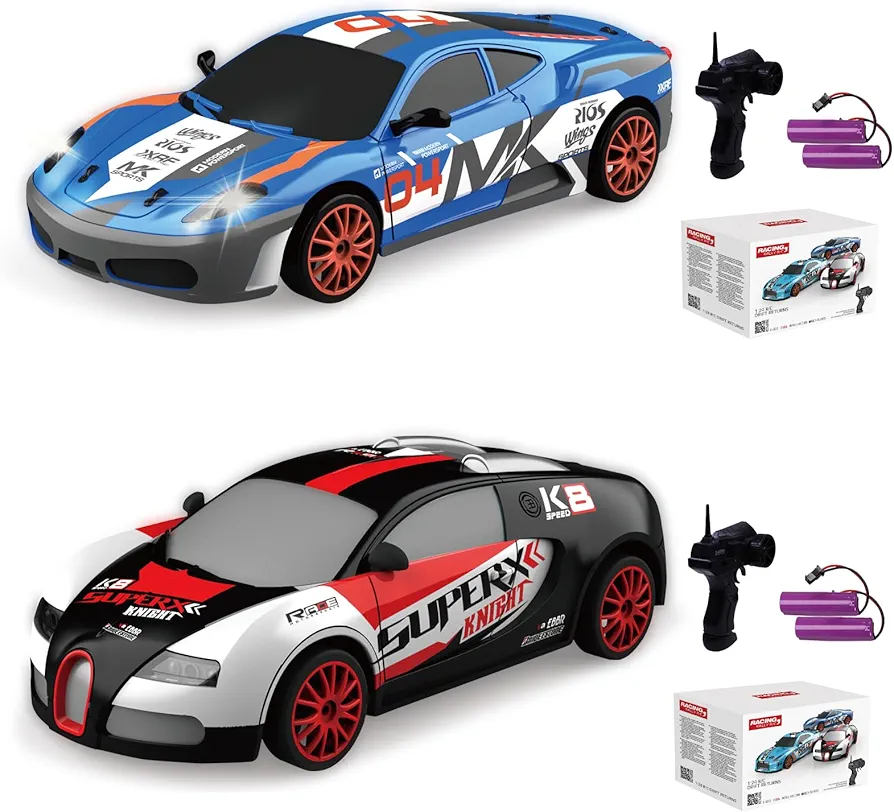 2PCS Remote Control Car RC Drift Car 2.4GHz 1:24 Scale 4WD 15KM/H High Speed Model Vehicle LED Lights Drifting Tire Racing Sport Toy Car for Adult Boy Girl Kid Gift 2Pcs Rechargeable Batterie