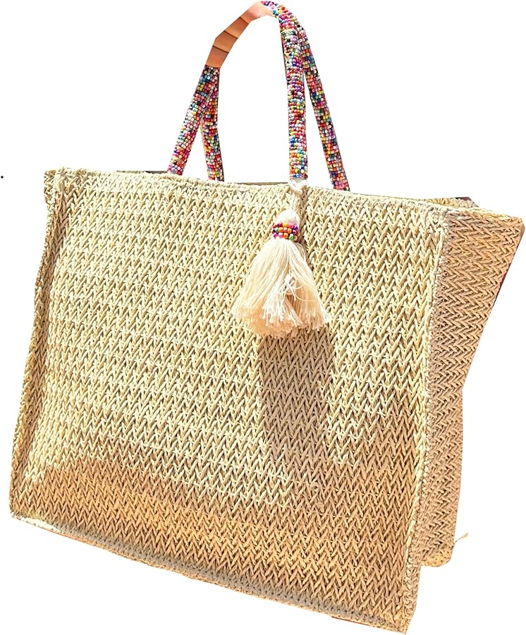Raffia Women's Straw Bag for Summer Beach, Handmade Wicker Basket Totte Large Shoulder Bag Ethnic Style Bohemian Handle Multicolor