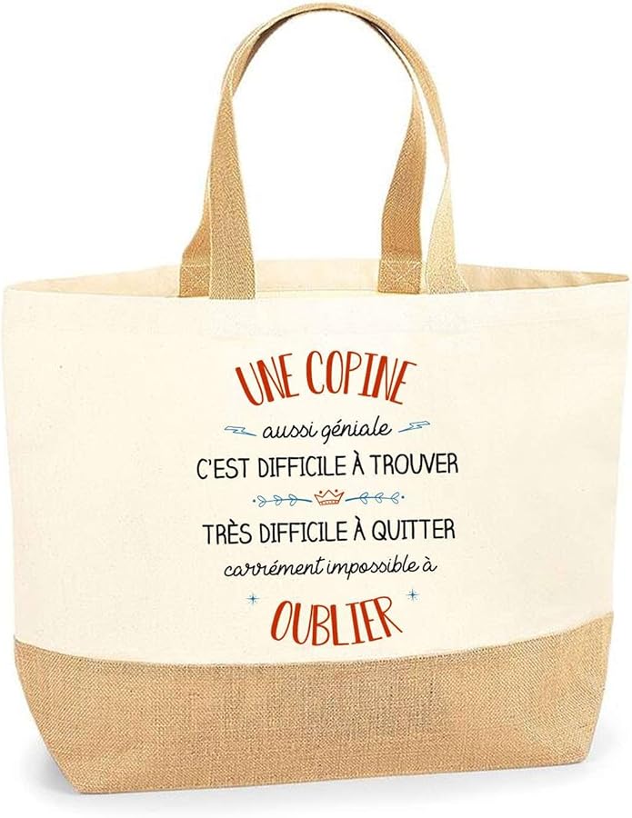 Sac Une Copine aussi géniale oubliblier | Cotton and Jute Beach Shopping Bag Gift Idea for Women, beige, 42 x 15 x 35 cm