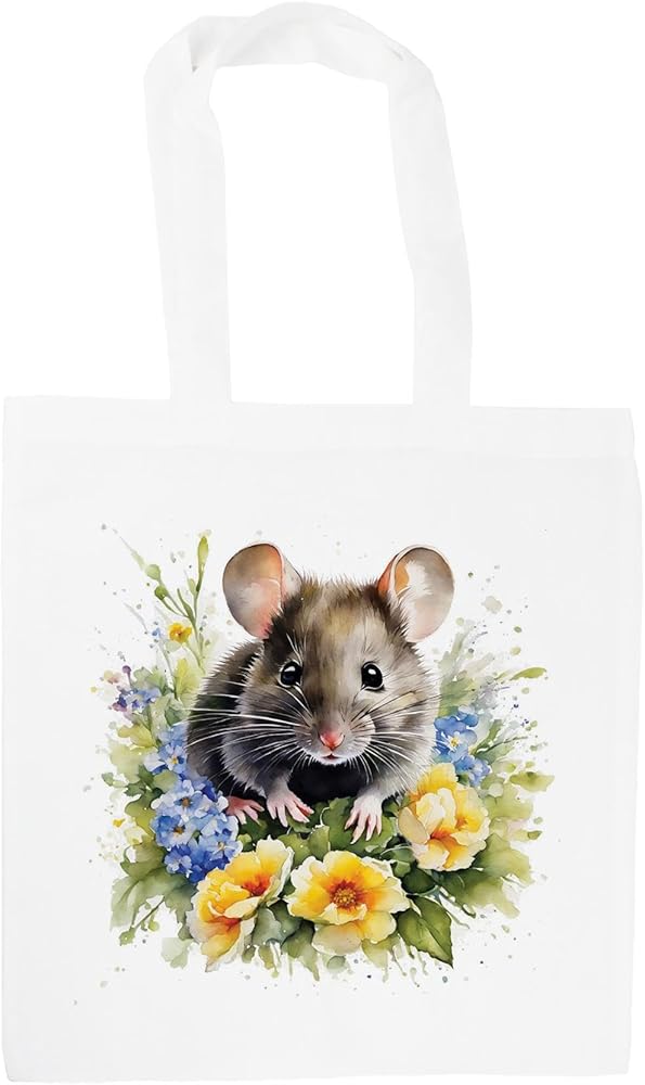 Floral Mouse Tote Bag - Pet Animals & Flowers Wildlife Gifts - Shopping Bag Accessories Present, White, Yellow, Brown