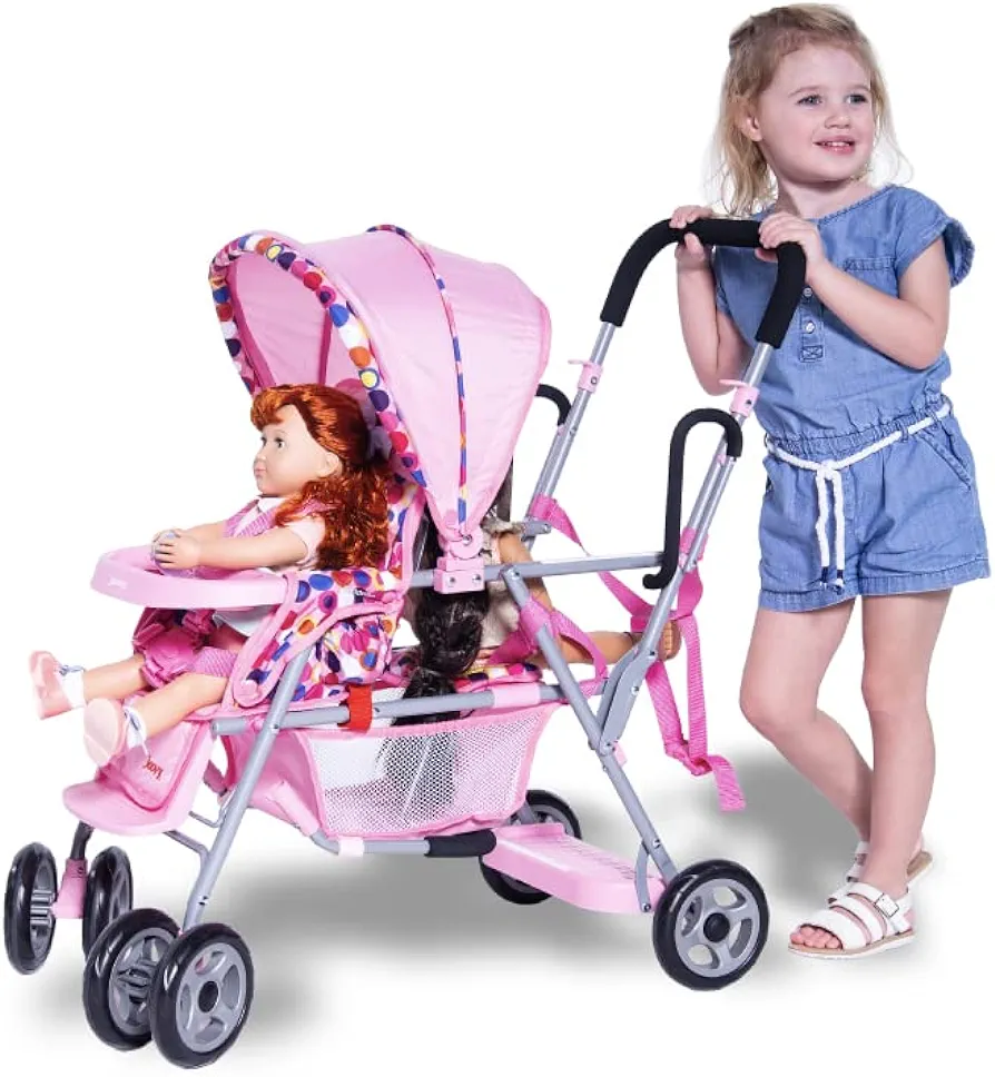 Joovy Toy Caboose Baby Doll Stroller Featuring Reclining Front Seat, Adjustable Footrest, Storage Basket, Extendable Canopy, and Snack Tray - Holds 3 Dolls (Pink Dot)