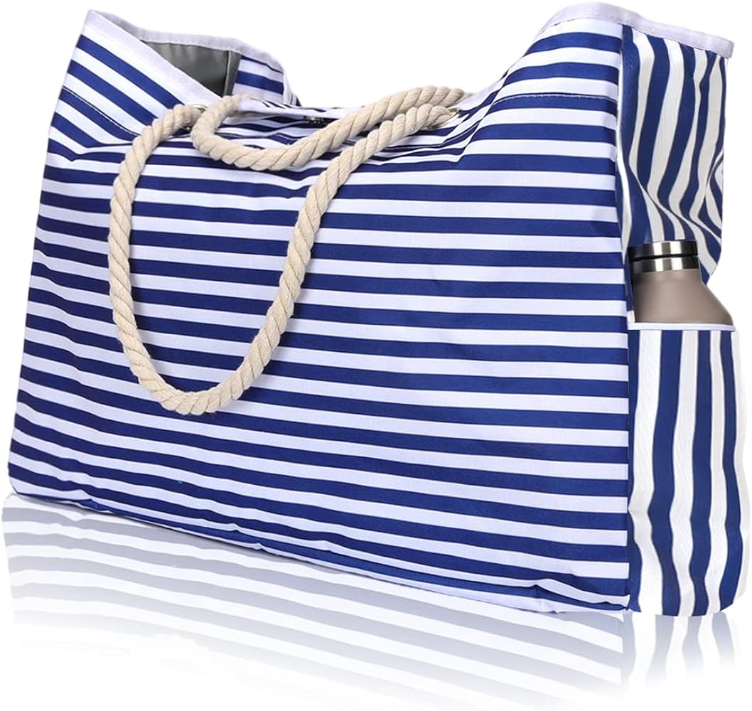 Vomgomfom Extra Large Beach Bag for Women Waterproof and Sandproof Lightweight Durable Beach Tote Bag with - Phone Case - Rope Handles - Key Holder-Top Magnet Clasp - Outside Bottle Pockets(Blue)