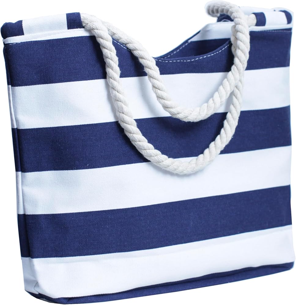 Large hemp rope striped anchor rudder beach canvas tote shopping handbag zipper