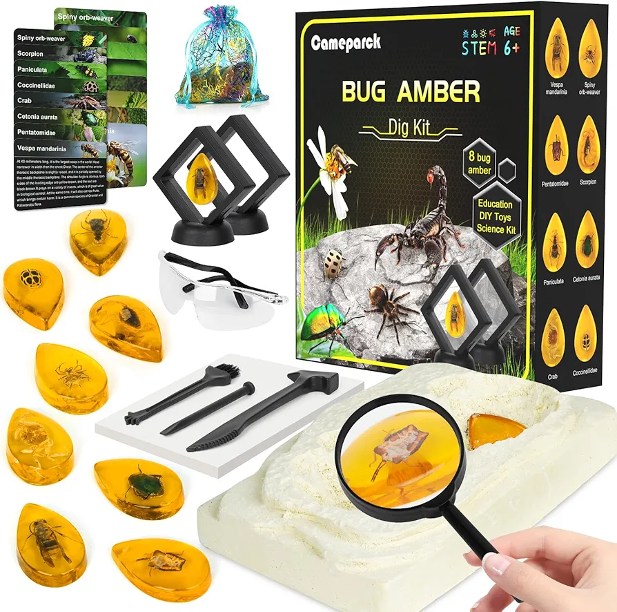 Bigger Amber Dig Kit - 8 Different Artificial Insect Resin,Excavate unique Insect Specimens,Bugs Toys Educational Science Kits Toys for Kids,STEM Projects Gift for Girls & Boys Age 6-8-12-14 Year Old