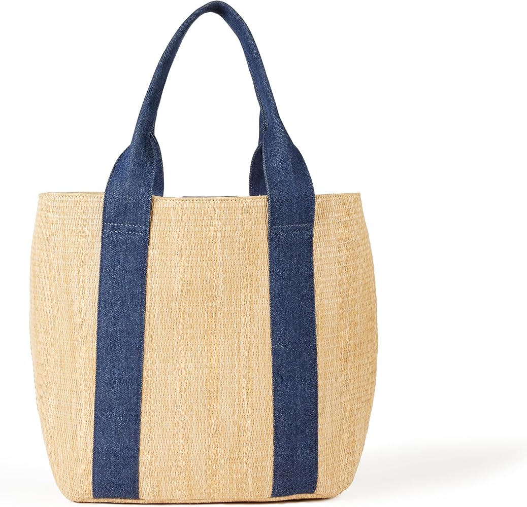 The Drop Women's Tracy Large Canvas Detail Straw Tote, Natural Straw/Denim, One Size
