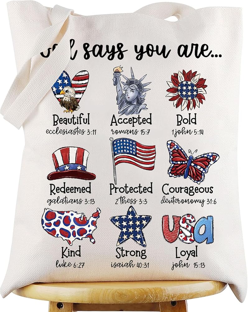 WZMPA American Flag 4th Of July Tote Bag American Flag Theme Gift God Says You Are Beautiful Accepted Bold US Canvas Handbag