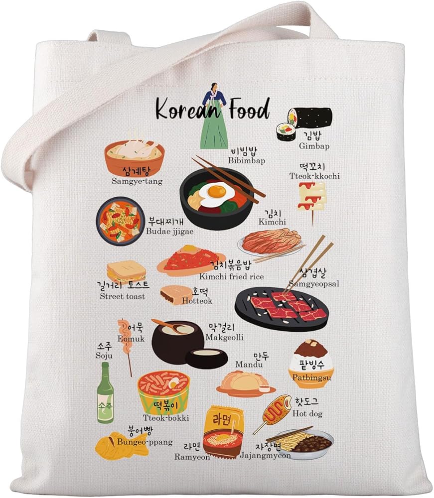 Korean Food Canvas Tote Bag Korean Food Lover Gift Gift Korea Souvenir Shoulder Bag Korea Vacation Trip Souvenir Gift