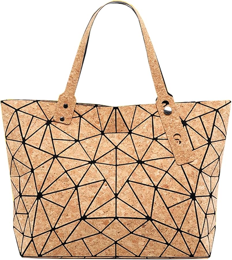 Geometric Tote Bag - Cork Handbag Top Handle Shopping Shoulder Bag Summer Beach Bag for Women Girls