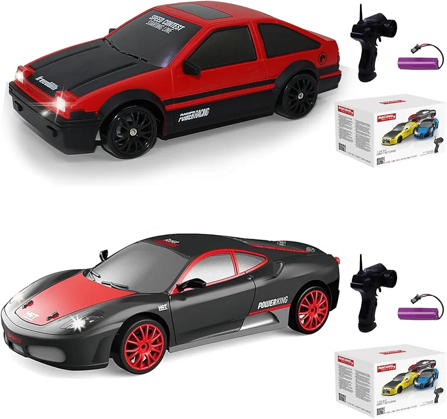 2PCS RC Drift Car 2.4GHz 1:24 Scale 4WD High Speed Remote Control Cars Vehicle with LED Lights Batteries and Drifting Tires Racing Sport Toy Cars for Adults Boys Girls Kids Gift