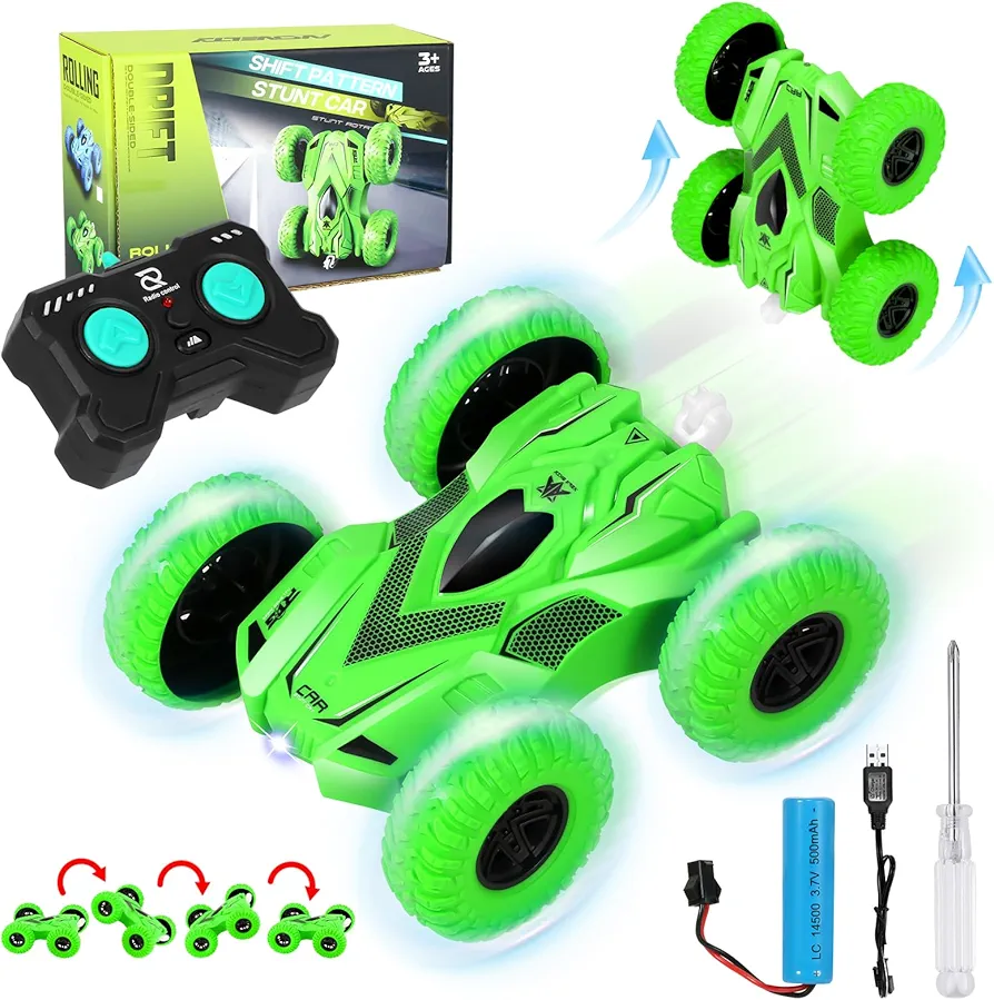 RC Stunt Cars for Boys Age 6 Year Old Kids Toys RC Cars with Lights UP 4WD 2.4Ghz Double Sided 360° Rotating RC Truck Kids Easter, Halloween Xmas Toy Cars for Boys Girls Gifts（Green）