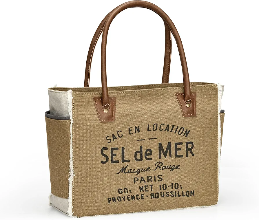 Lamyba Sel De Mer Canvas HandBag Upcycled Canvas Vegan Leather Tote Bag,Small Brown