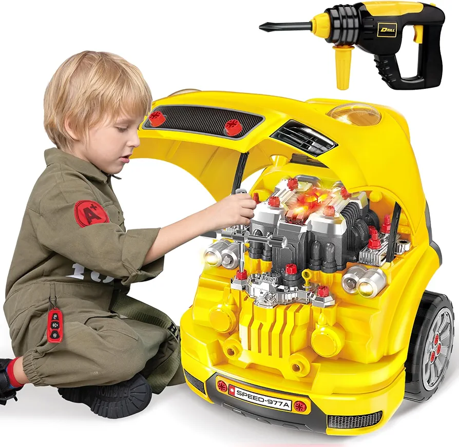 Deejoy Large Truck Builder Kit for Toddlers 3-5, Kids Mechanic Workshop Set with Light and Sound, Removable Engine, Yellow, 15.3x18.7inch