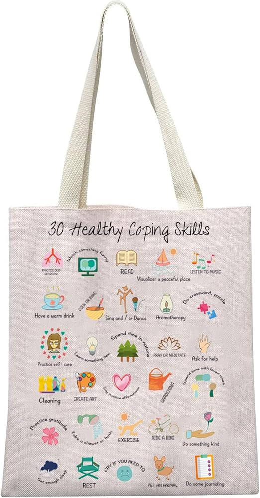 LEVLO Coping Skills Alphabet Tote Bag Counselor Handbag Mental Health Awareness Bag Therapist Bag Psychology Gift