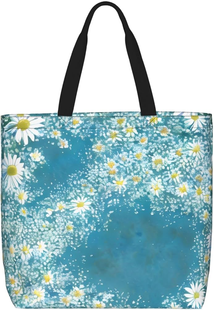 White Blue Daisy Print Tote Bag Zipper Casual Tote'S Handbag Big Capacity Work Bag Shoulder Bag With Pockets