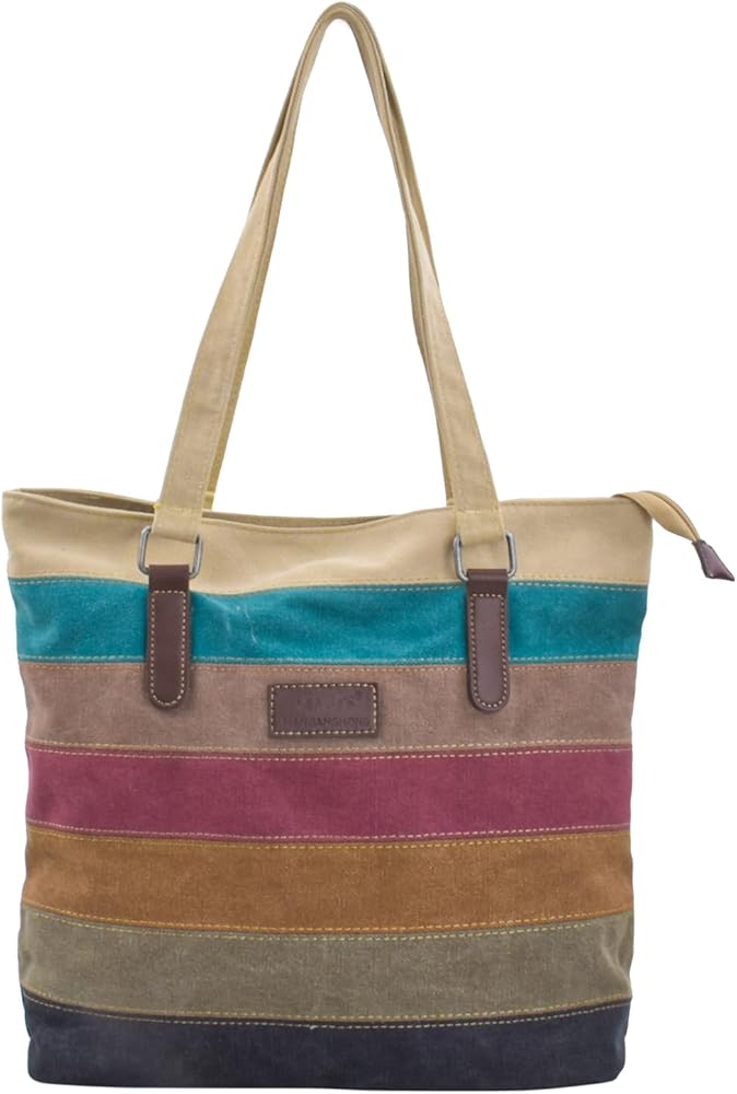 Multicolor Striped Tote Bags Canvas Shoulder Bag for Women Retro Handbag Shoulder Bags for Work School Shopping Travel Daily Use, multi-coloured
